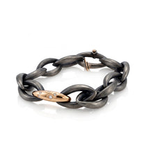 Low front view of Chain Link Bracelet with Diamonds in oxidized sterling silver and 18K gold