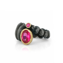 Three-quarter view of Ripple Ring in lab-grown pink sapphire, sterling silver and 18K gold